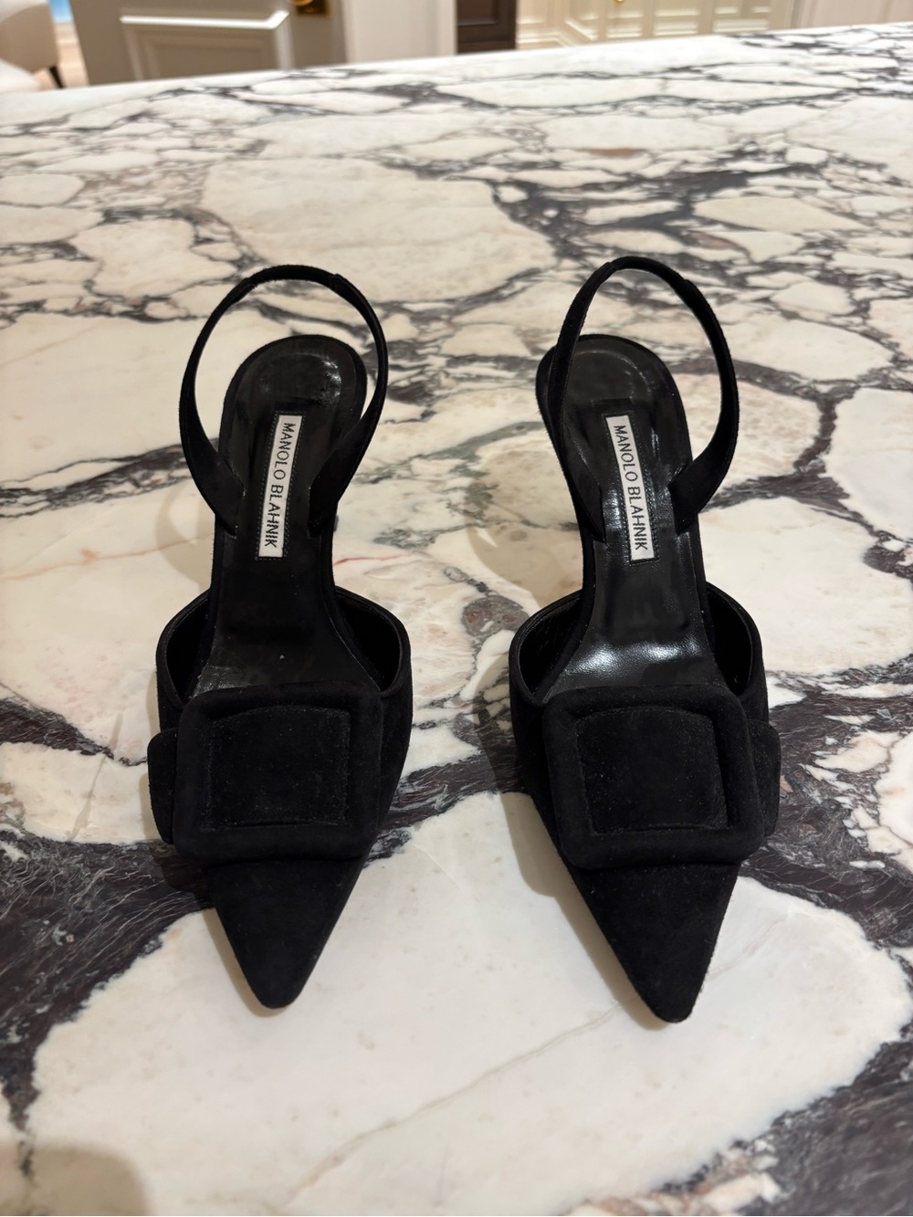 Manolo Blahnik Black Suede Maysli Slingback Heels